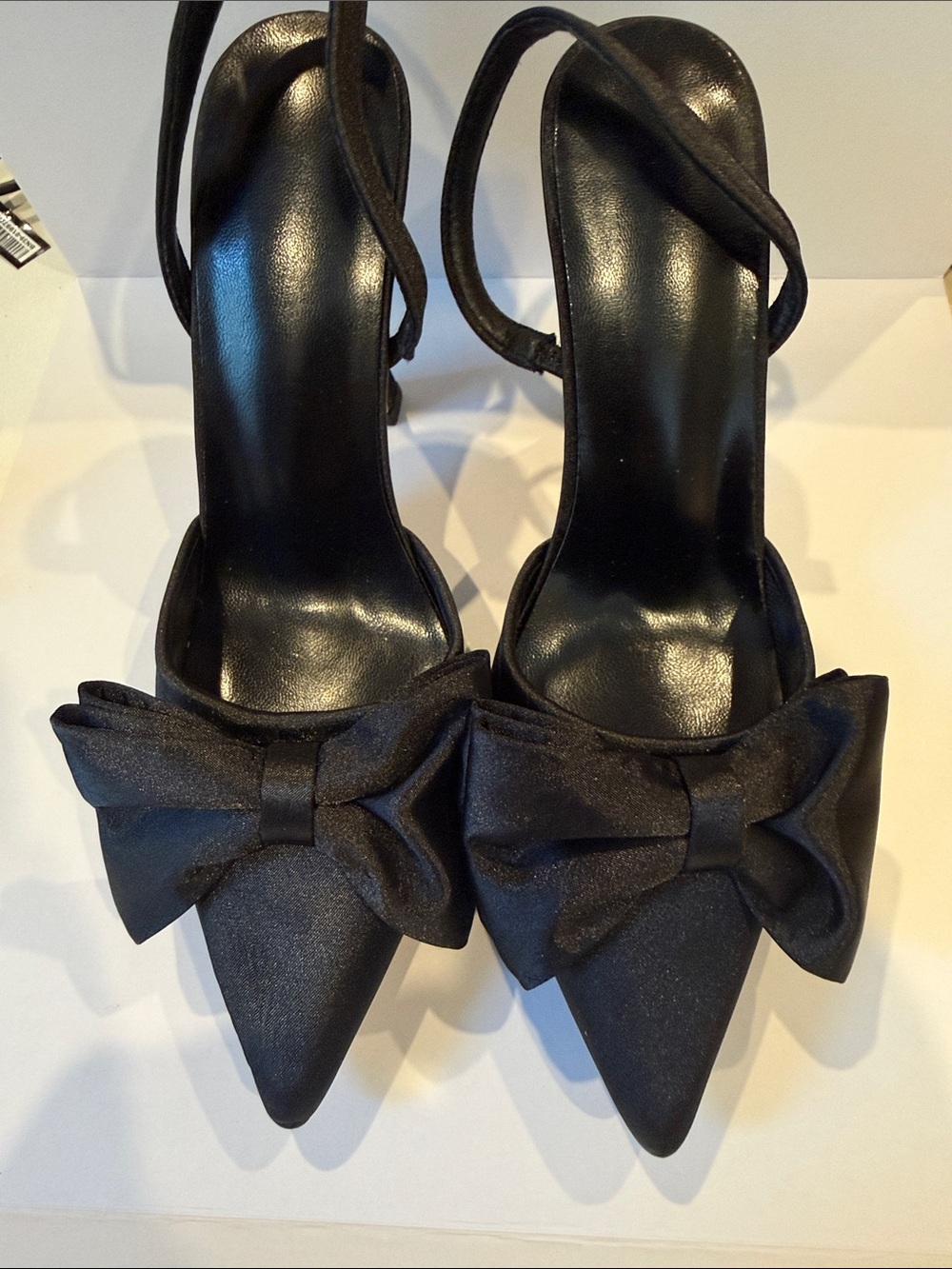 Black Satin Pointed-Toe Bow Slingback Heels